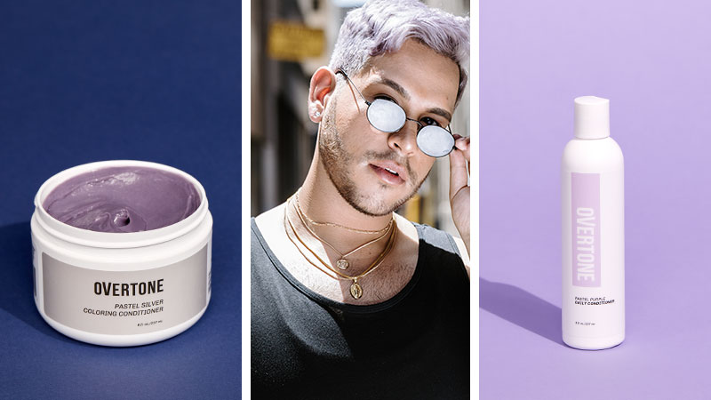 3 images showing a Pastel Silver Coloring Conditioner, a person with silver hair color, and a bottle of Pastel Purple Daily Conditioner