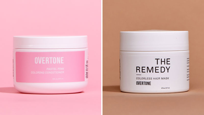 Image of Pastel Pink Coloring Conditioner on a pink background next to an image of The Remedy Colorless Hair Mask on a tan background
