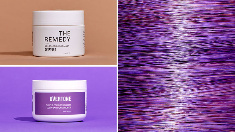Image of The Remedy Colorless Hair Mask, Purple for Brown Hair Coloring Conditioner, and a close up of the mixture on a strand of hair, which is a deep plum purple.