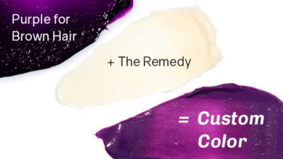 Image of a swatch of Purple for Brown Hair Coloring Conditioner, The Remedy Colorless Hair Mask, and a swatch of the two colors mixed together to make a lighter, more custom color