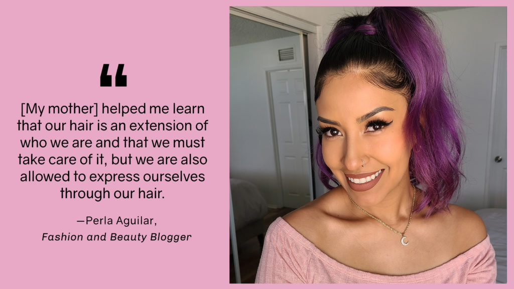 Hispanic Heritage Month quote and person with purple hair in a high ponytail, wearing a pink shirt and moon necklace.